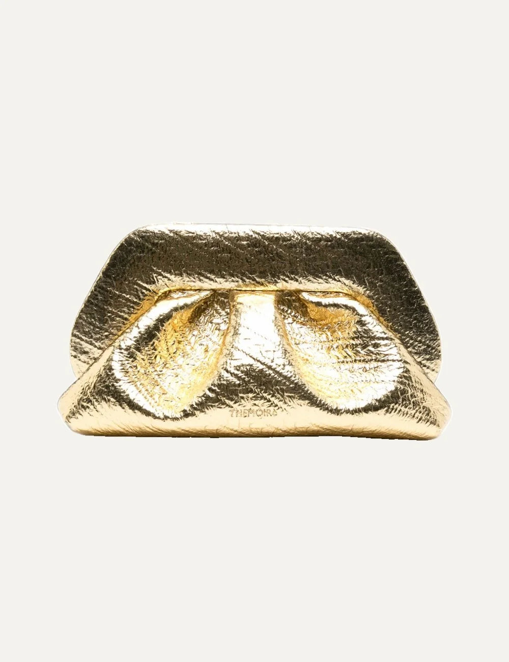 THEMOIRÈ women's metallic gold hemp clutch bag with crinkled texture, ruched silhouette and detachable shoulder strap.
