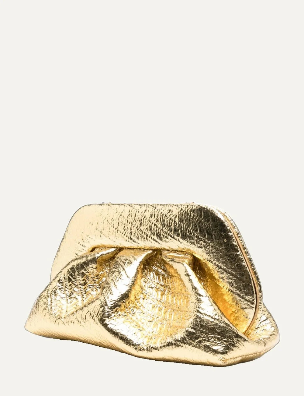 THEMOIRÈ women's metallic gold hemp clutch bag with crinkled texture, ruched silhouette and detachable shoulder strap side