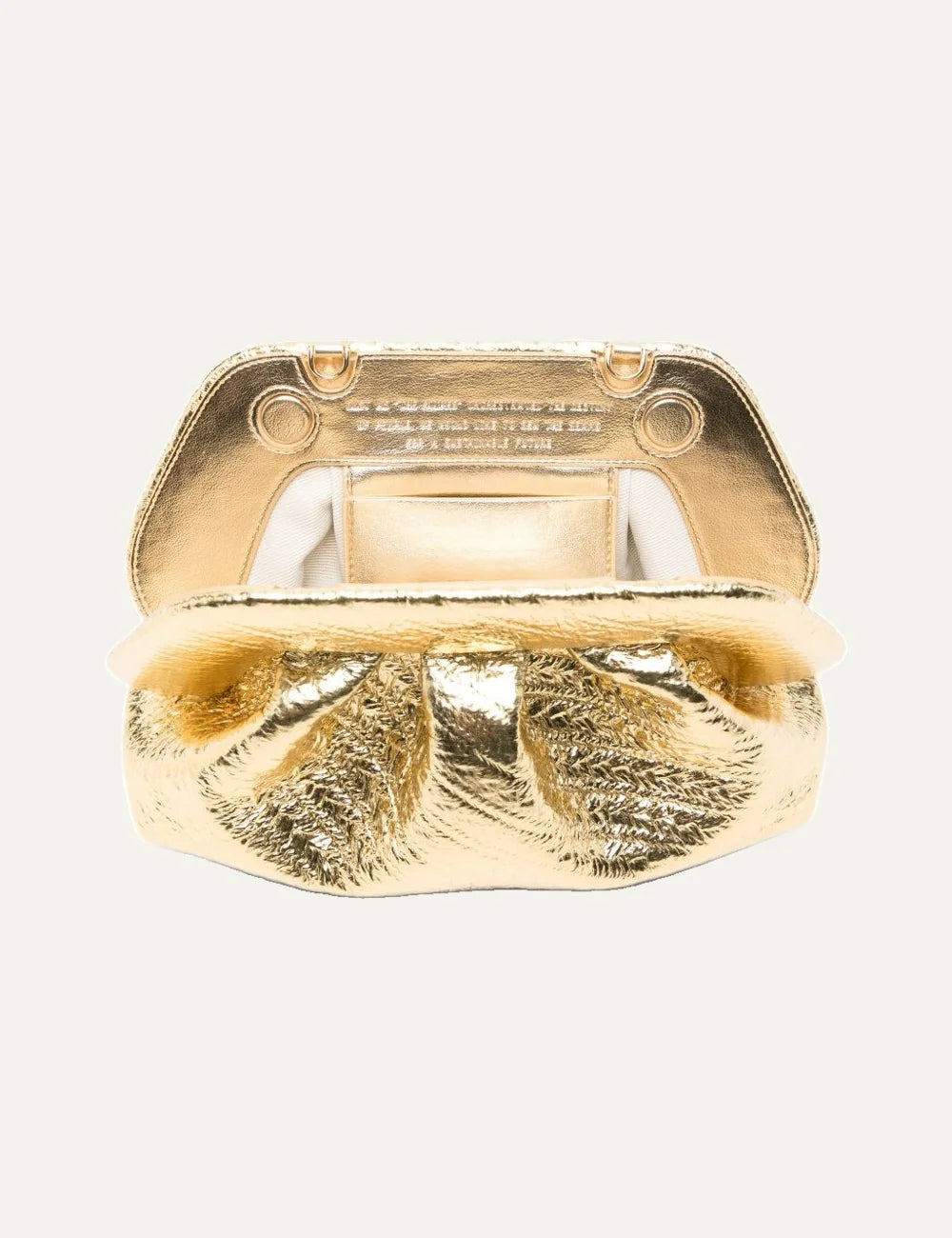 THEMOIRÈ women's metallic gold hemp clutch bag with crinkled texture, ruched silhouette and detachable shoulder strap top