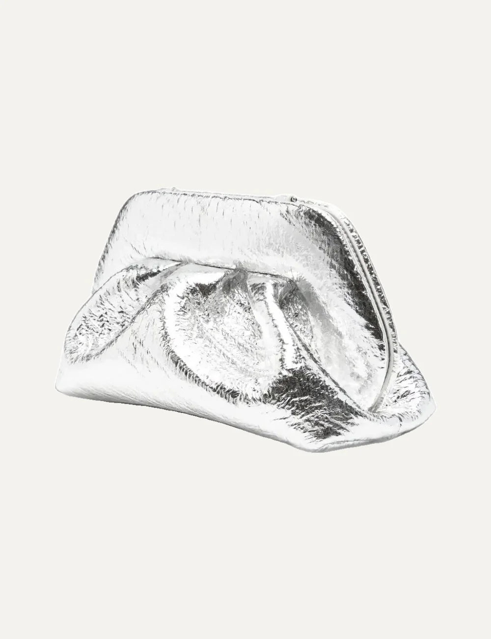 THEMOIRÈ women's metallic silver clutch bag with shiny finish, ruched silhouette and detachable shoulder strap.