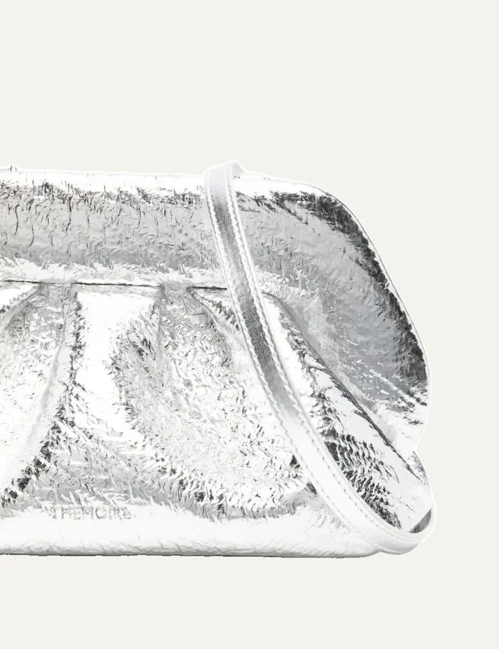 THEMOIRÈ women's metallic silver clutch bag with shiny finish, ruched silhouette and detachable shoulder strap detail