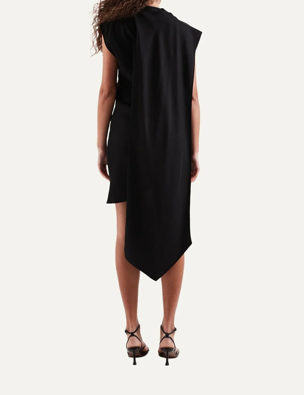 Topshop women's black asymmetric mini dress with draped high neck scarf, sleeveless design and elongated back hem back