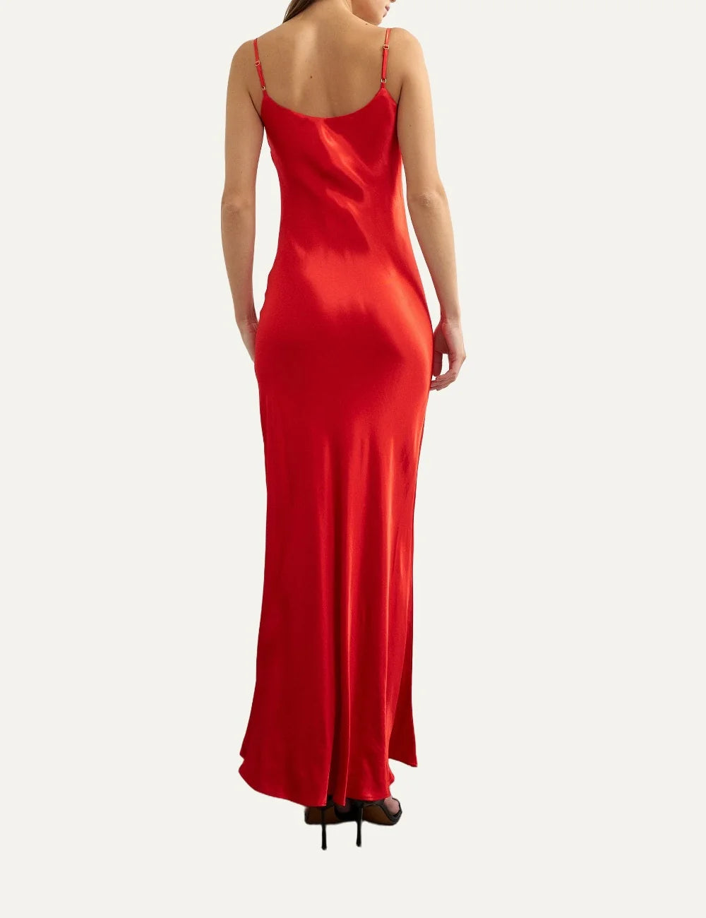Topshop women's red satin maxi slip dress with thin spaghetti straps, scoop neckline and flowing silhouette back