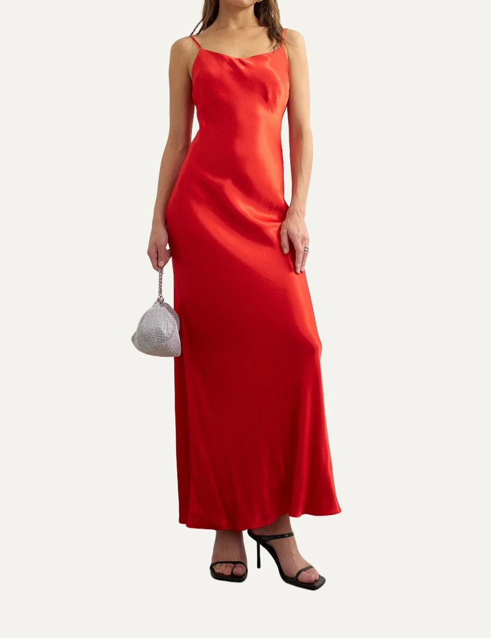 Topshop women's red satin maxi slip dress with thin spaghetti straps, scoop neckline and flowing silhouette.