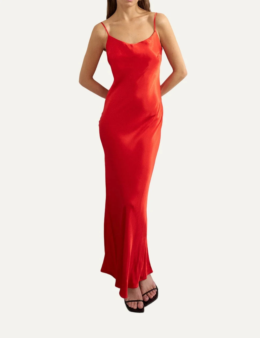 Topshop women's red satin maxi slip dress with thin spaghetti straps, scoop neckline and flowing silhouette full body