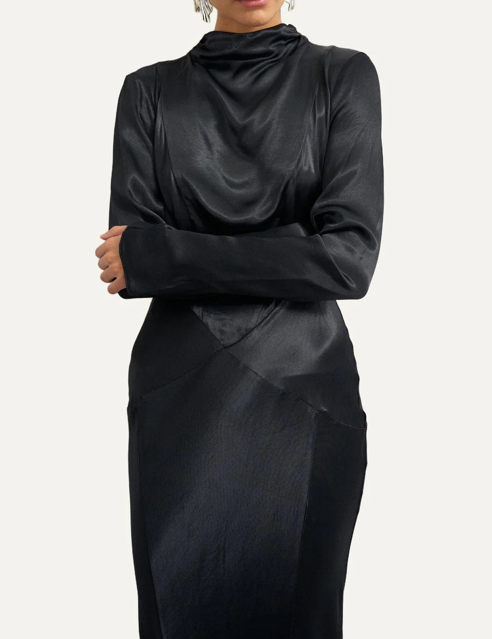 Topshop women's black satin maxi dress with high draped neckline, long sleeves and open back model