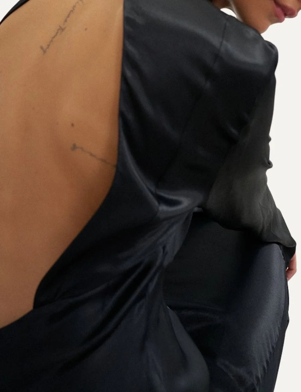 Topshop women's black satin maxi dress with high draped neckline, long sleeves and open back detail  back