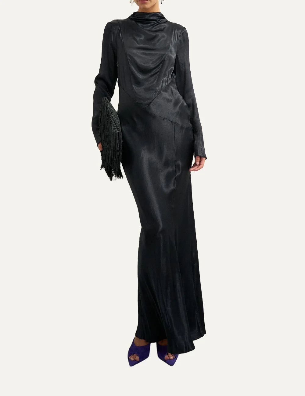 Topshop women's black satin maxi dress with high draped neckline, long sleeves and open back.