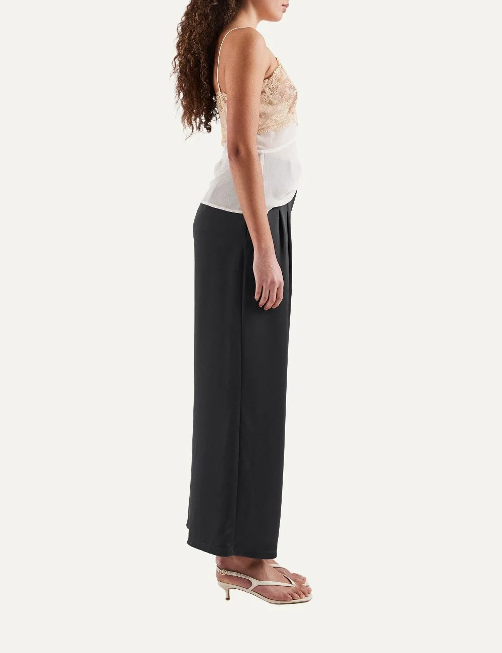 Topshop women's black satin wide-leg trousers with high waist and front pleats side