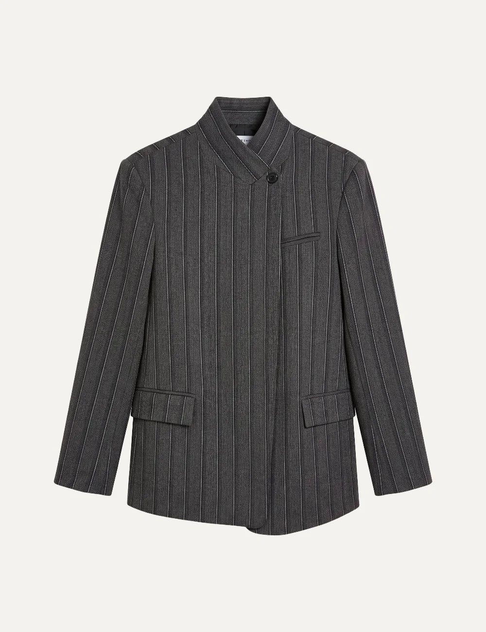 Topshop women's dark grey pinstripe blazer with high collar, asymmetric button closure and front flap pockets.