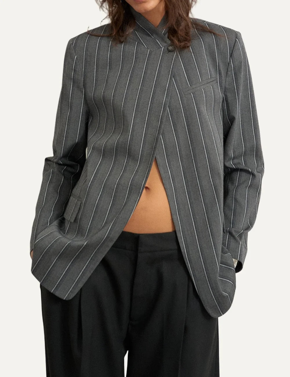 Topshop women's dark grey pinstripe blazer with high collar, asymmetric button closure and front flap pockets model