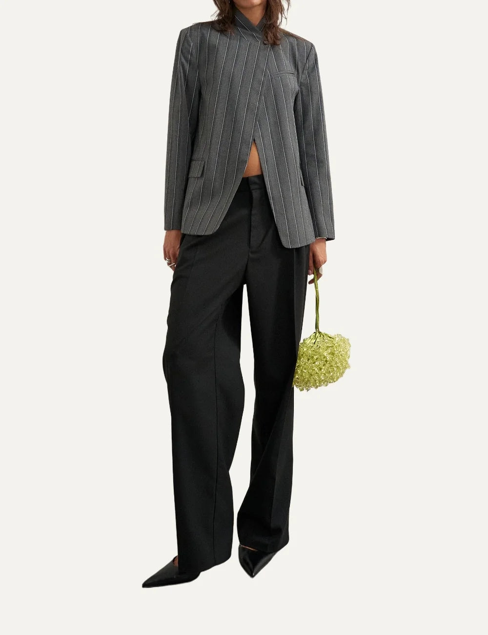 Topshop women's dark grey pinstripe blazer with high collar, asymmetric button closure and front flap pockets full body