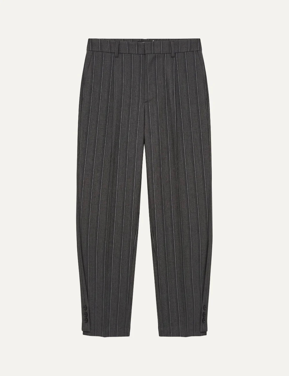 Topshop women's dark grey pinstripe straight-leg trousers with front pleats and button details at the hems.