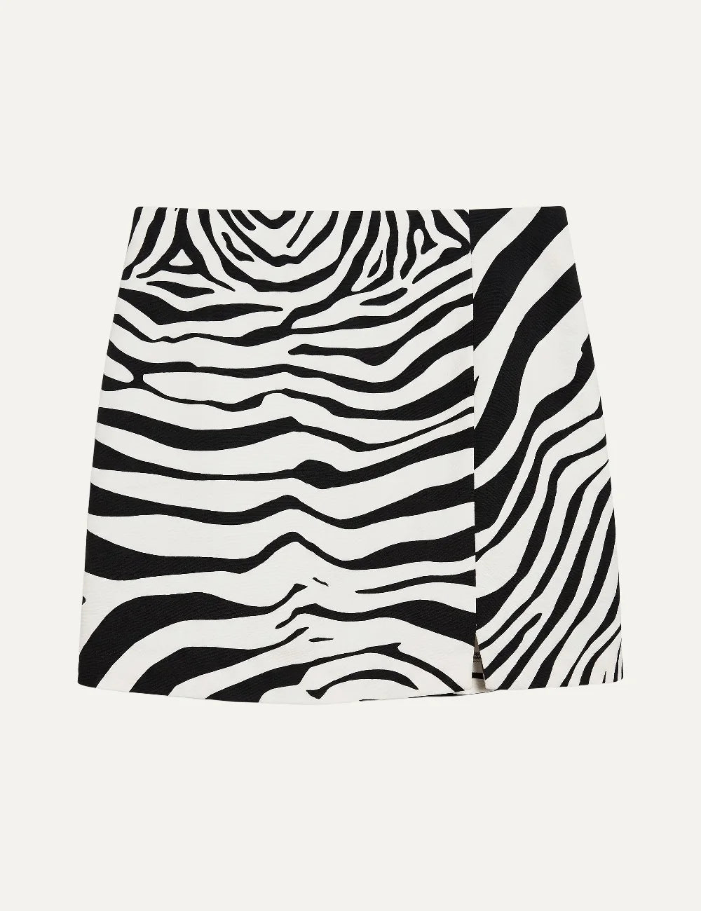 Topshop women's black and white zebra print mini skirt with slim fit and front hem slit.