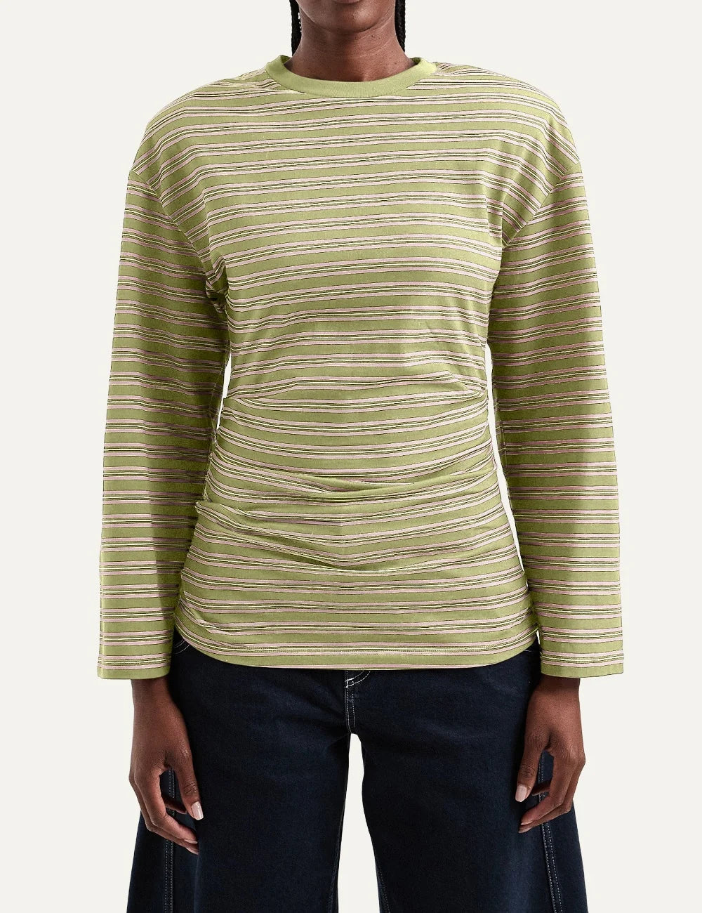 Topshop women's green striped long sleeve top with crew neck, dropped shoulders and ruched waist.