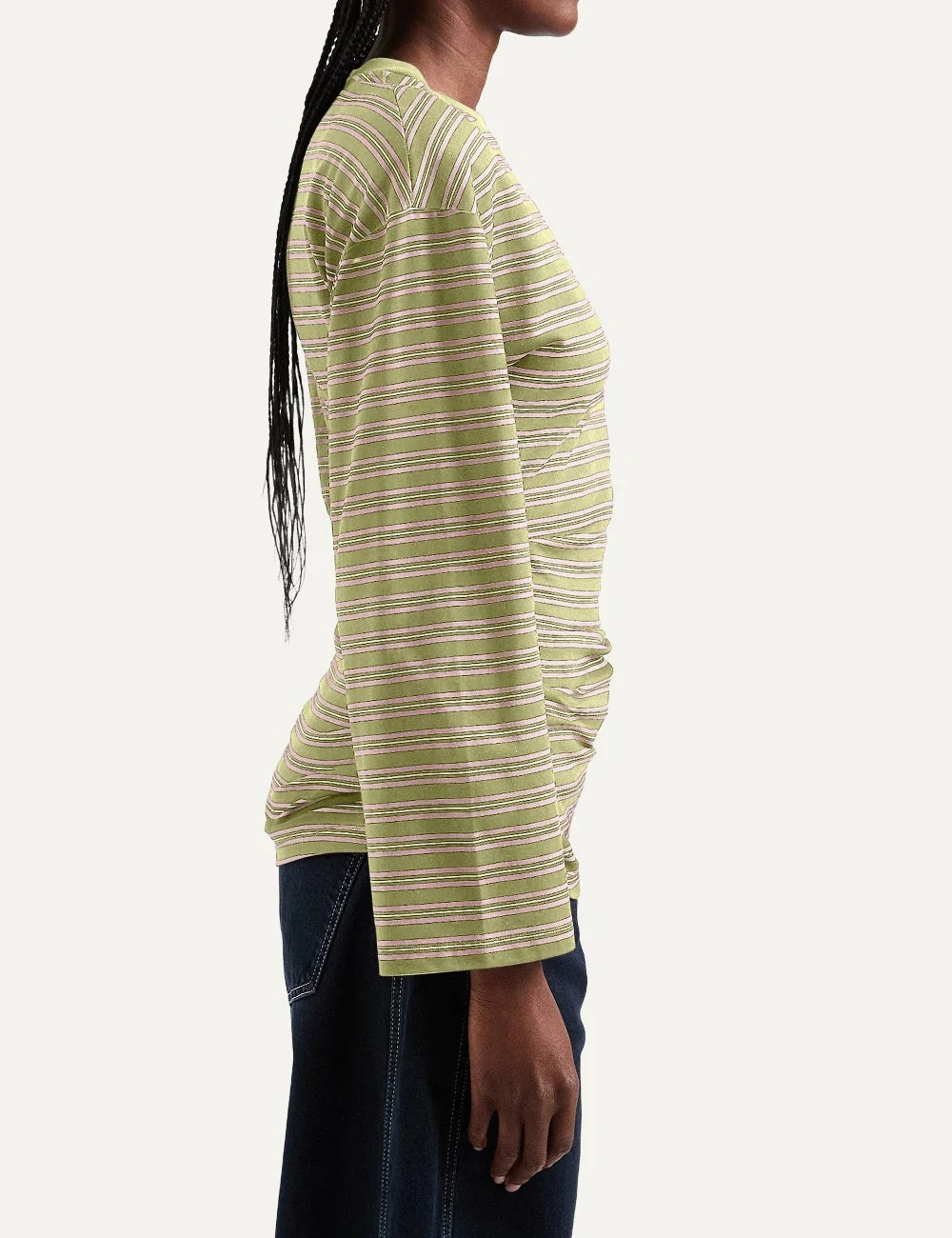 Topshop women's green striped long sleeve top with crew neck, dropped shoulders and ruched waist side