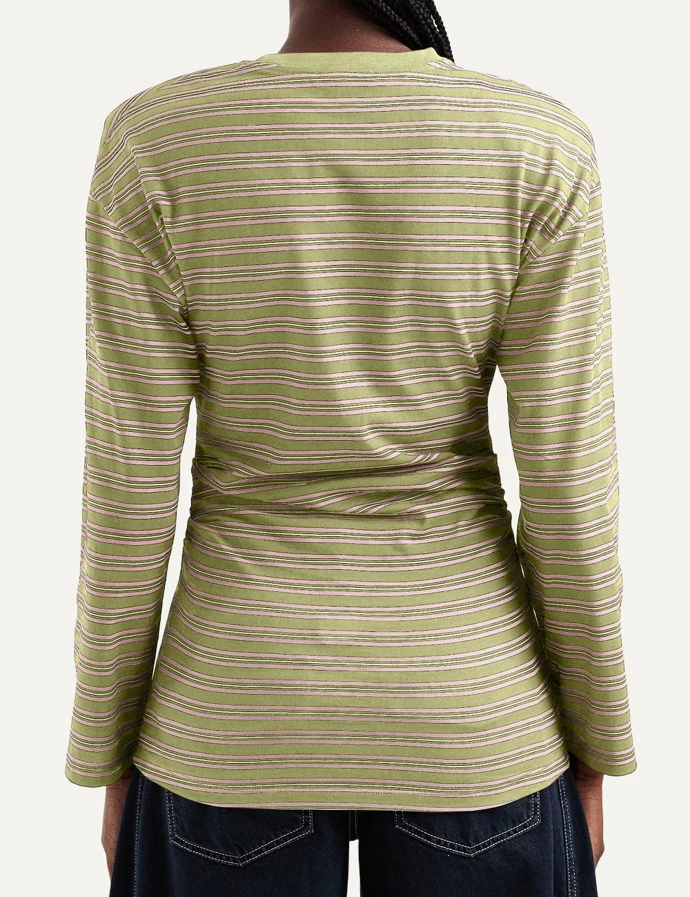 Topshop women's green striped long sleeve top with crew neck, dropped shoulders and ruched waist back