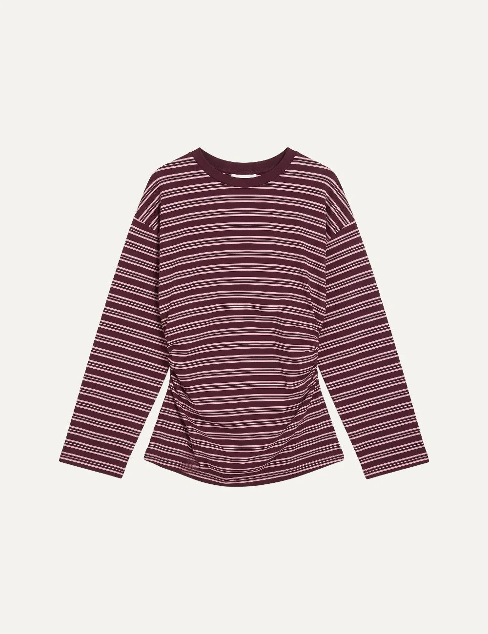 Topshop women's burgundy and pink striped long sleeve top with crew neck, dropped shoulders and ruched waist.