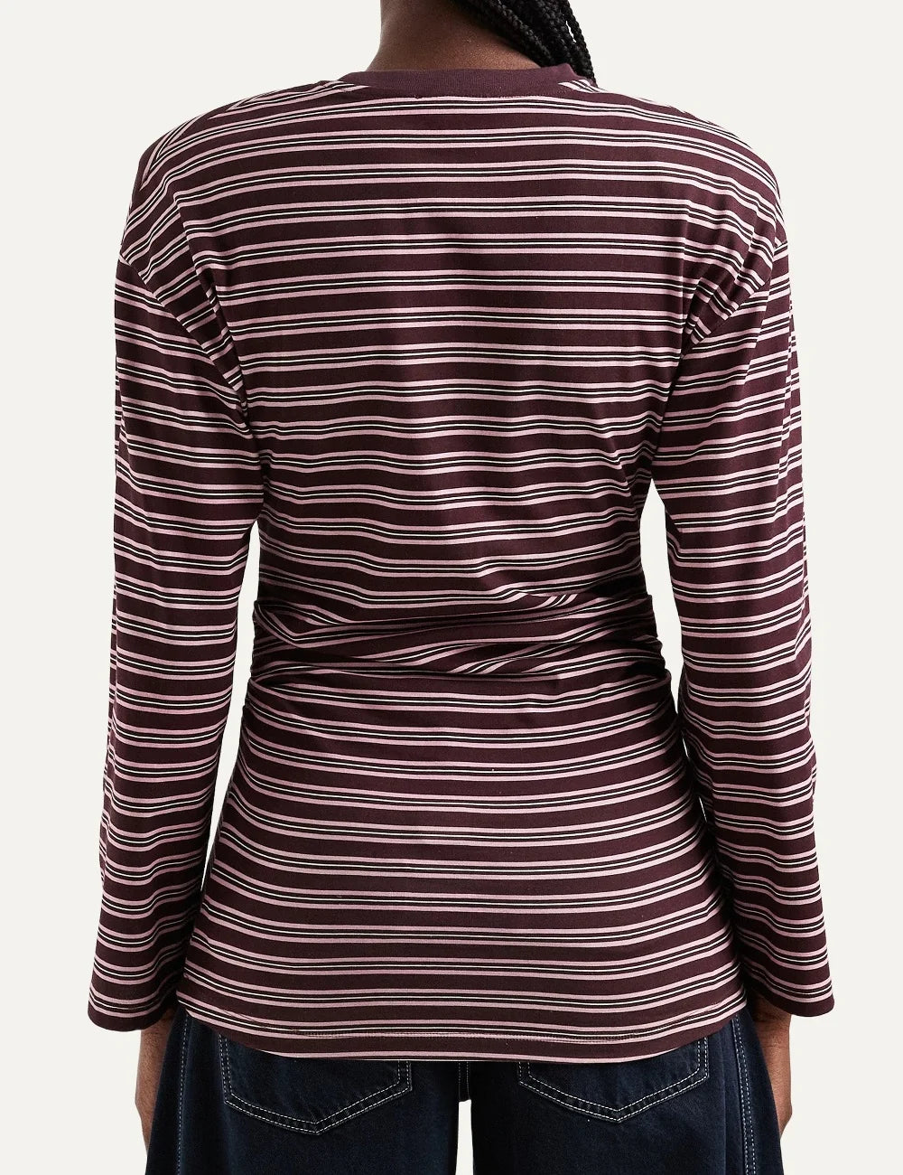 Topshop women's burgundy and pink striped long sleeve top with crew neck, dropped shoulders and ruched waist back