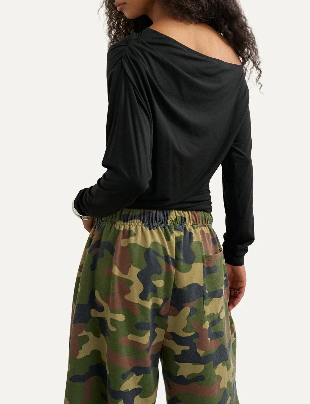 Topshop women's black off-shoulder top with long sleeves and gathered shoulder detail back