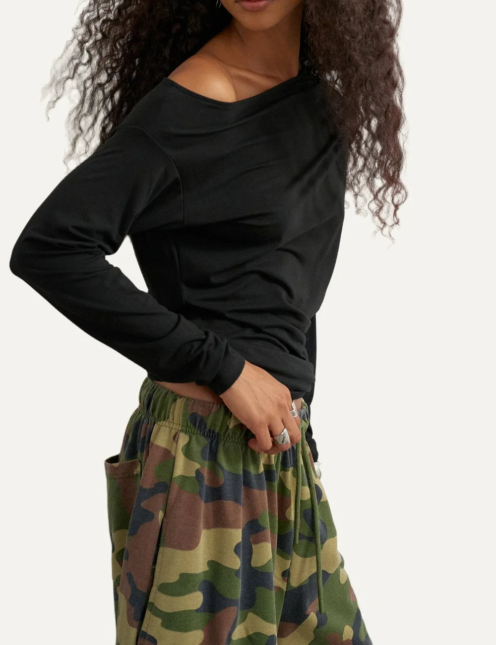 Topshop women's black off-shoulder top with long sleeves and gathered shoulder detail side