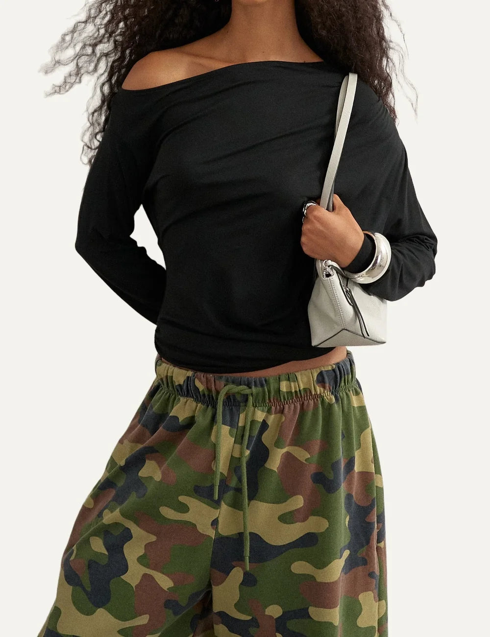 Topshop women's black off-shoulder top with long sleeves and gathered shoulder detail.