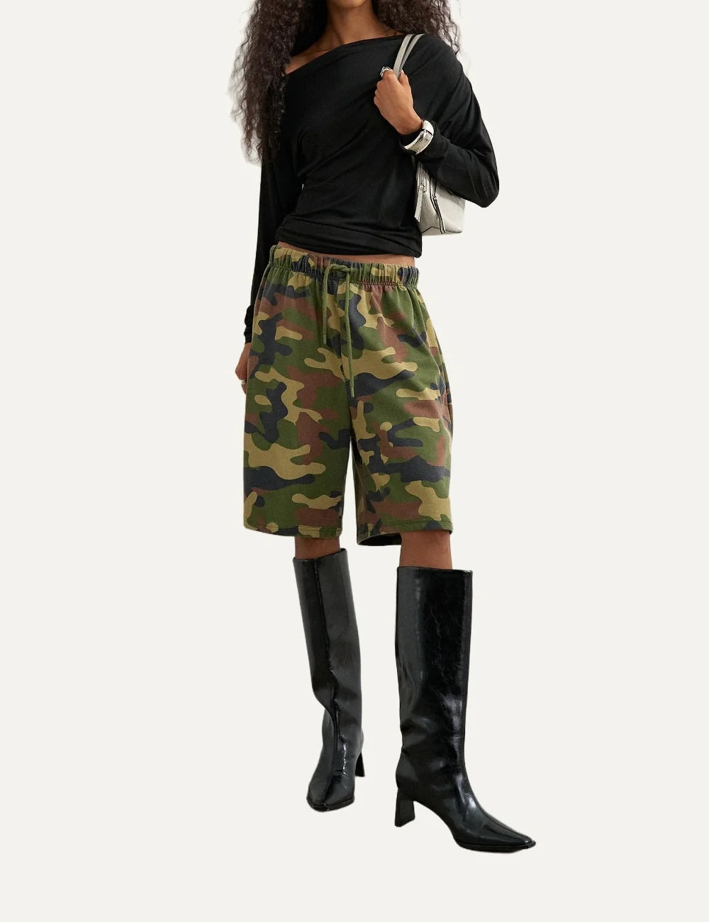 Topshop women's black off-shoulder top with long sleeves and gathered shoulder detail full body