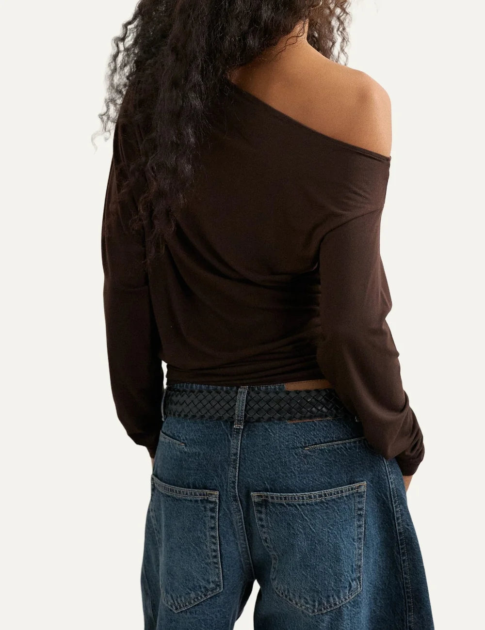 Topshop women's brown off-shoulder top with long sleeves, draped front and ruched waist back