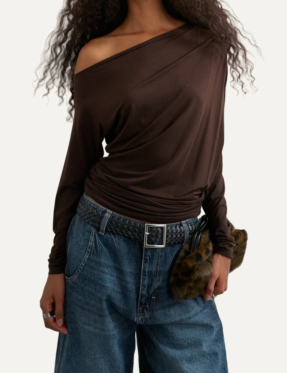 Topshop women's brown off-shoulder top with long sleeves, draped front and ruched waist.