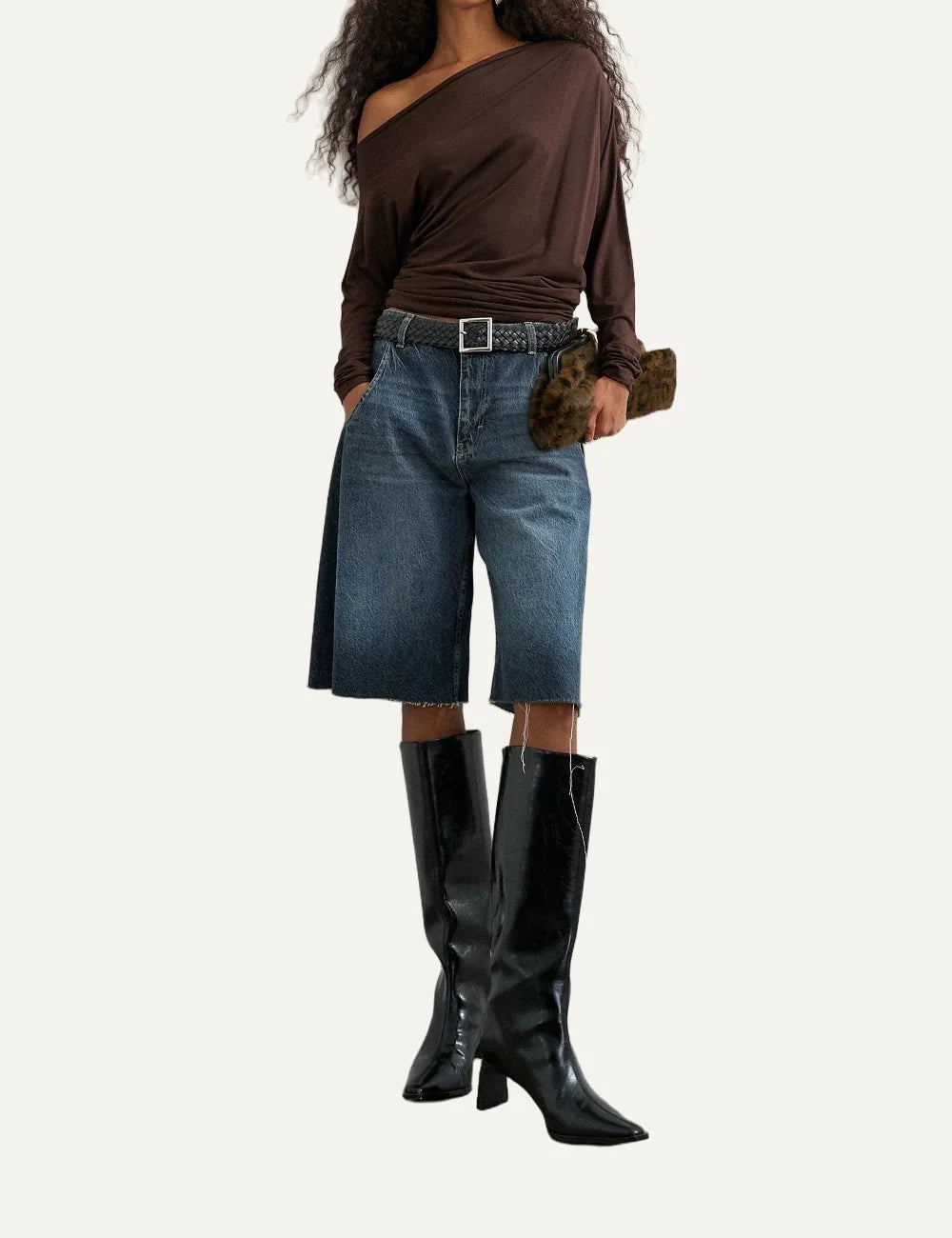 Topshop women's brown off-shoulder top with long sleeves, draped front and ruched waist full body