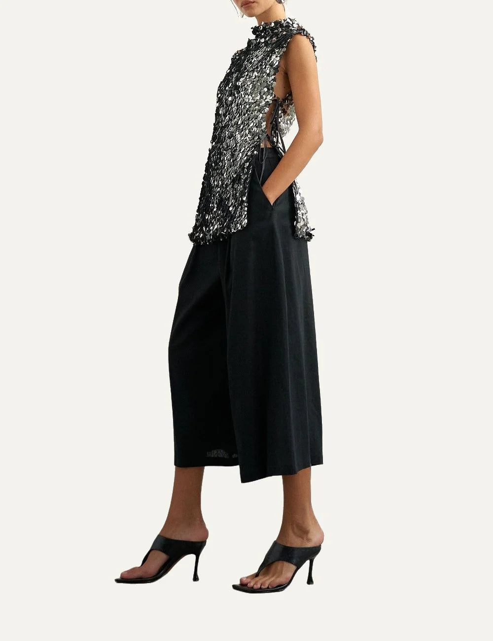 Topshop women's black sleeveless sequin top with silver and black round sequins, high neck and side tie details full body