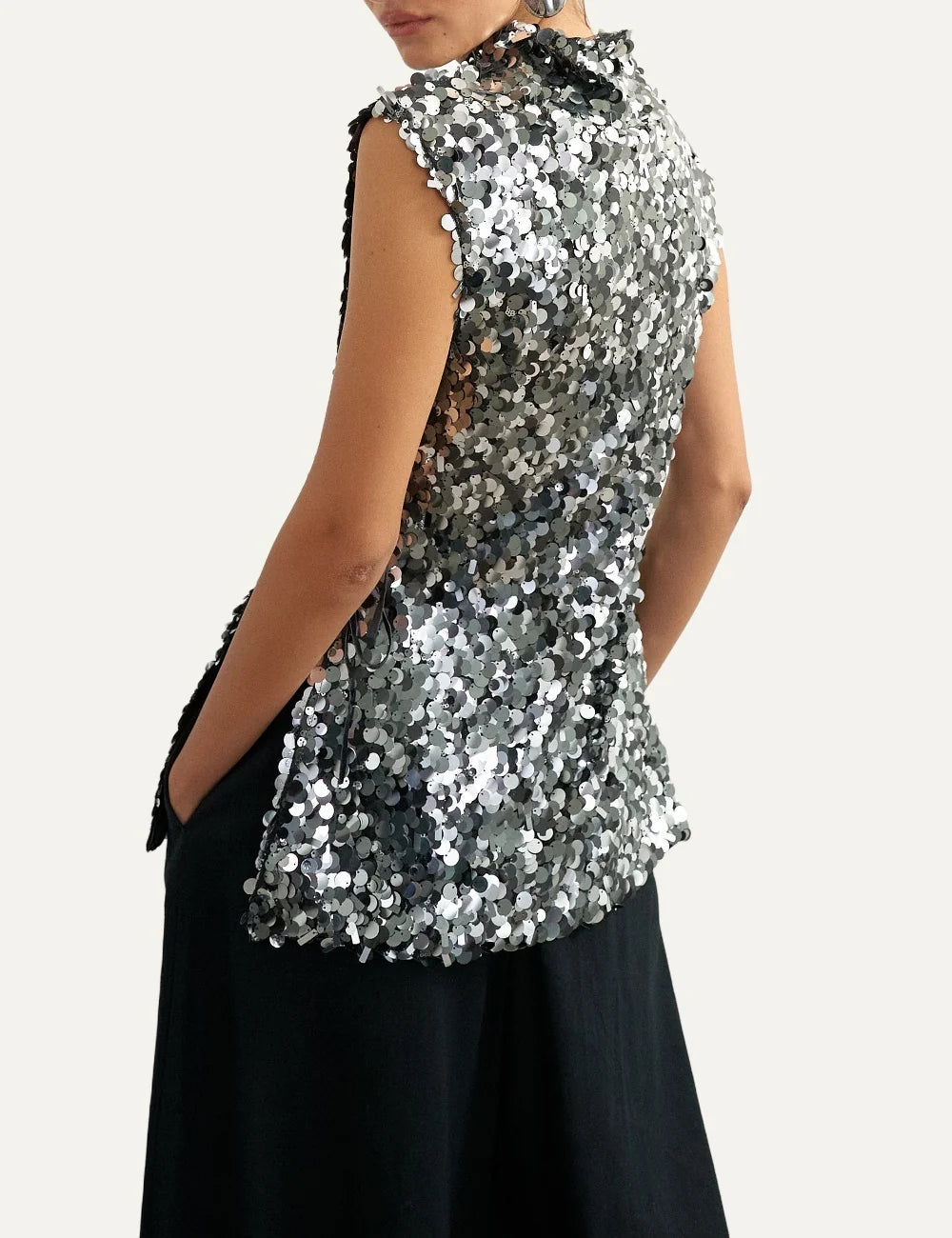 Topshop women's black sleeveless sequin top with silver and black round sequins, high neck and side tie details back