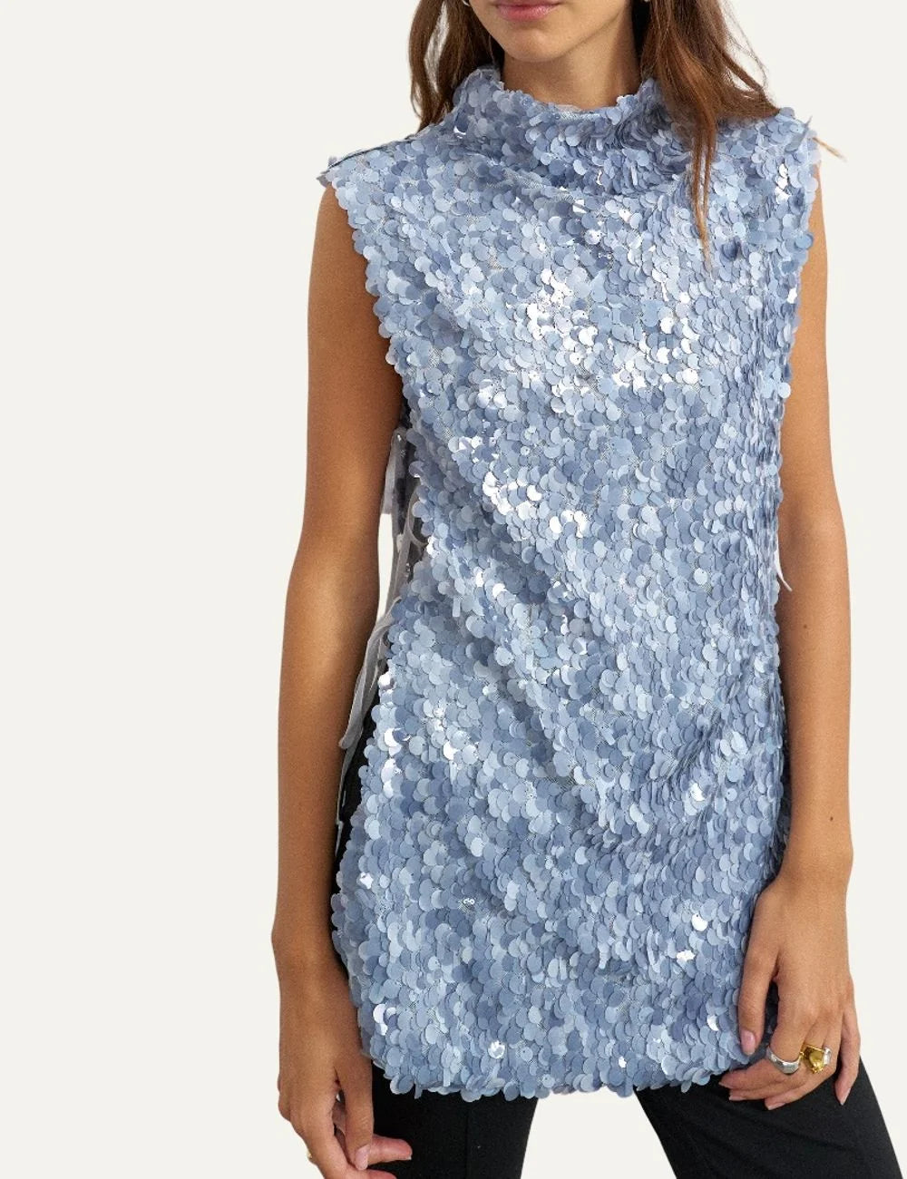 Topshop women's light blue sleeveless sequin tunic top with high neck and all-over round sequins model