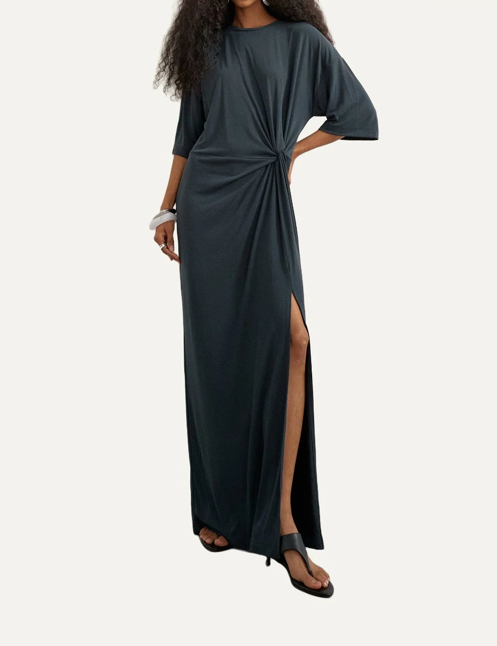 Topshop women's dark grey maxi dress with round neck, short wide sleeves, gathered waist and front slit.