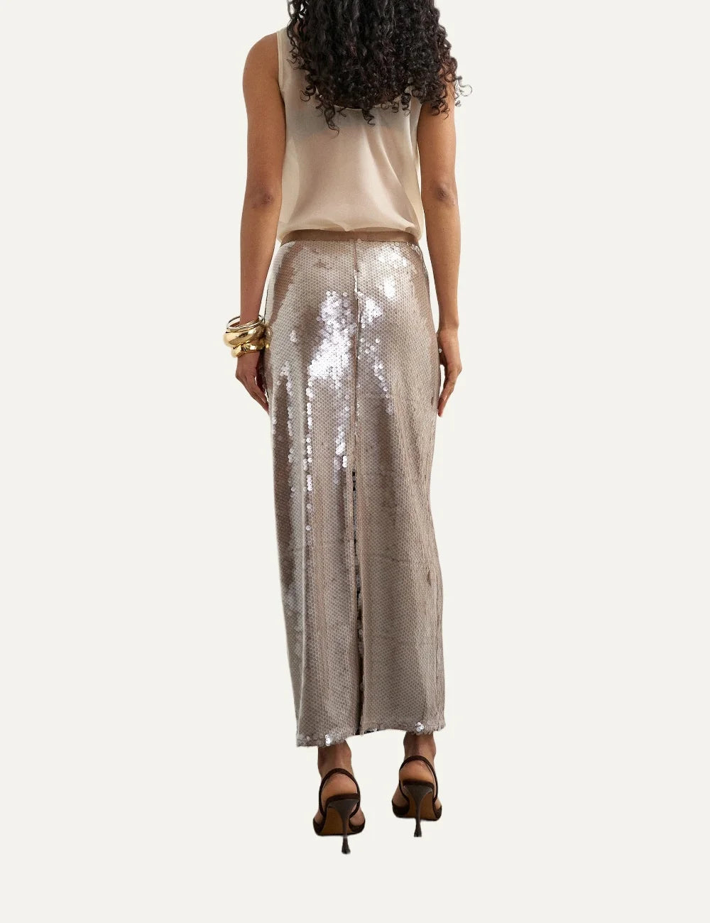 Topshop women's brown maxi skirt with all-over shimmering sequins, elastic waistband and straight silhouette back