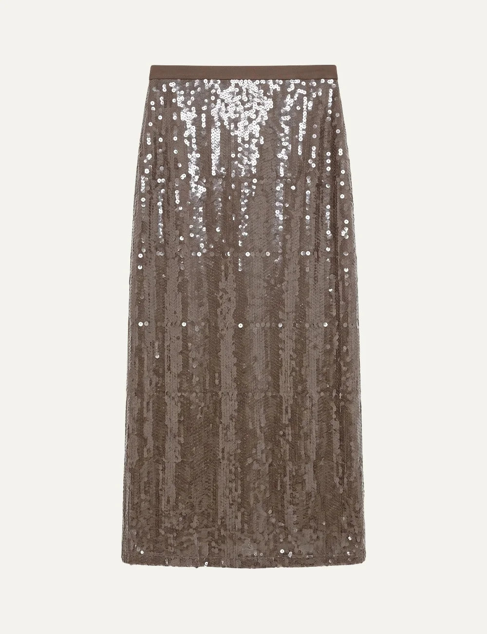 Topshop women's brown maxi skirt with all-over shimmering sequins, elastic waistband and straight silhouette.