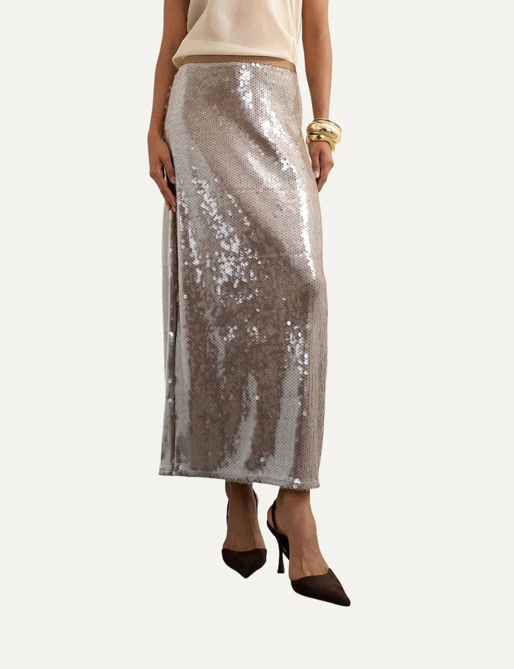 Topshop women's brown maxi skirt with all-over shimmering sequins, elastic waistband and straight silhouette model