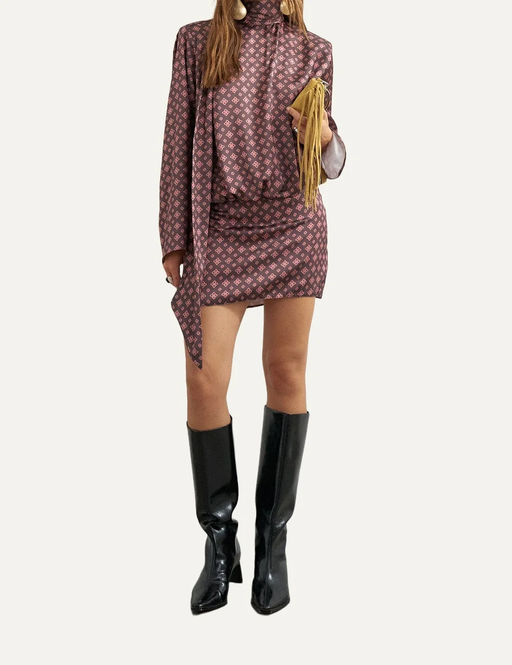 Topshop women's burgundy and pink satin mini dress with geometric diamond print, high scarf neckline and long sleeves.