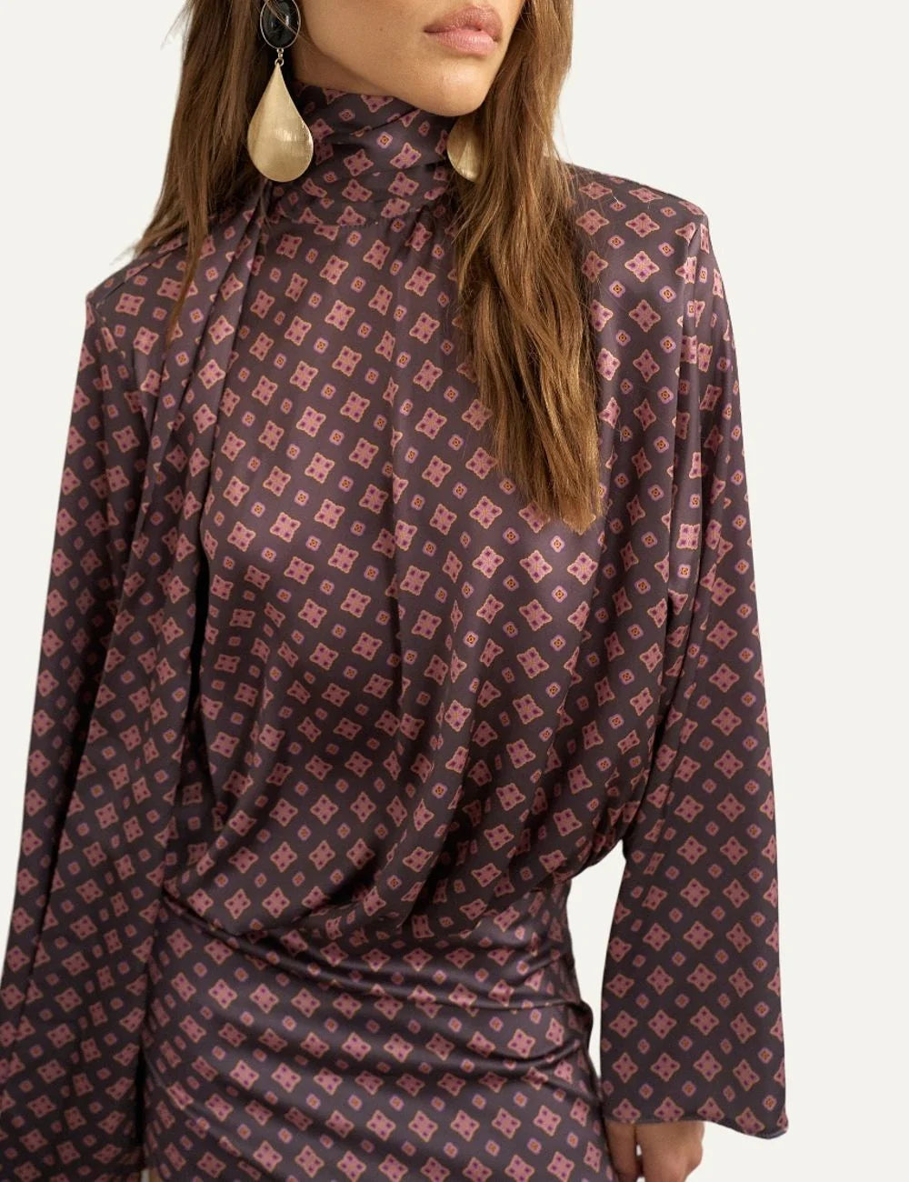Topshop women's burgundy and pink satin mini dress with geometric diamond print, high scarf neckline and long sleeves detail