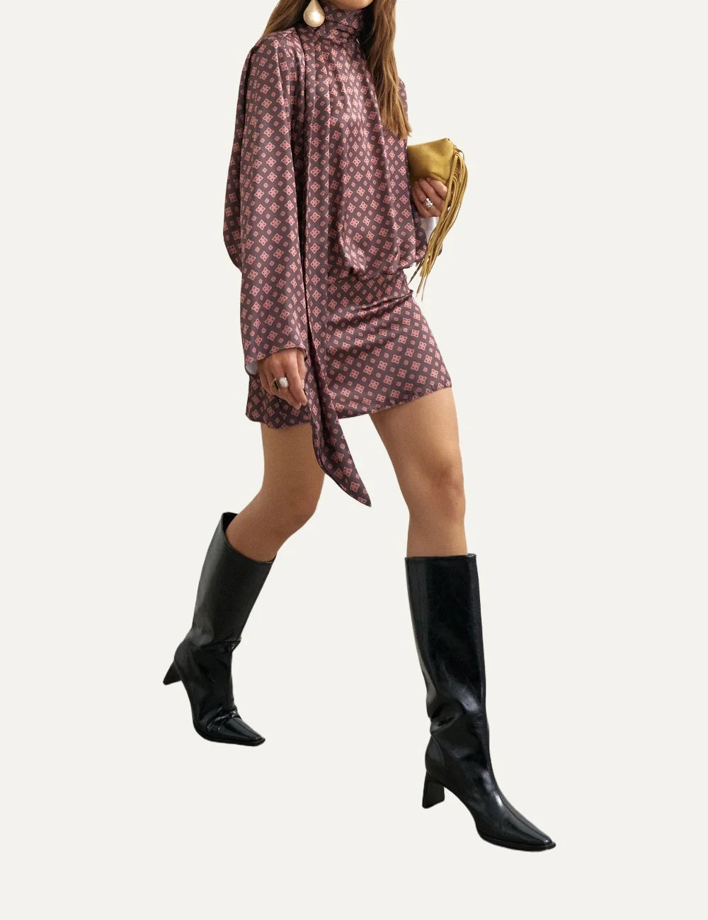 Topshop women's burgundy and pink satin mini dress with geometric diamond print, high scarf neckline and long sleeves side