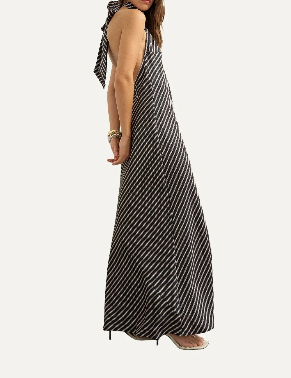 Topshop women's dark brown satin maxi dress with diagonal cream stripes, high neckline and sleeveless silhouette full model