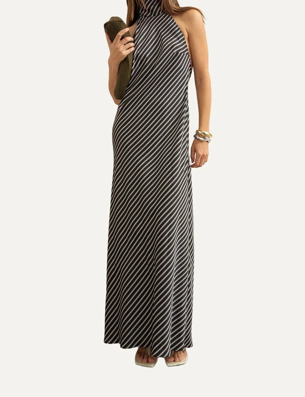 Topshop women's dark brown satin maxi dress with diagonal cream stripes, high neckline and sleeveless silhouette.