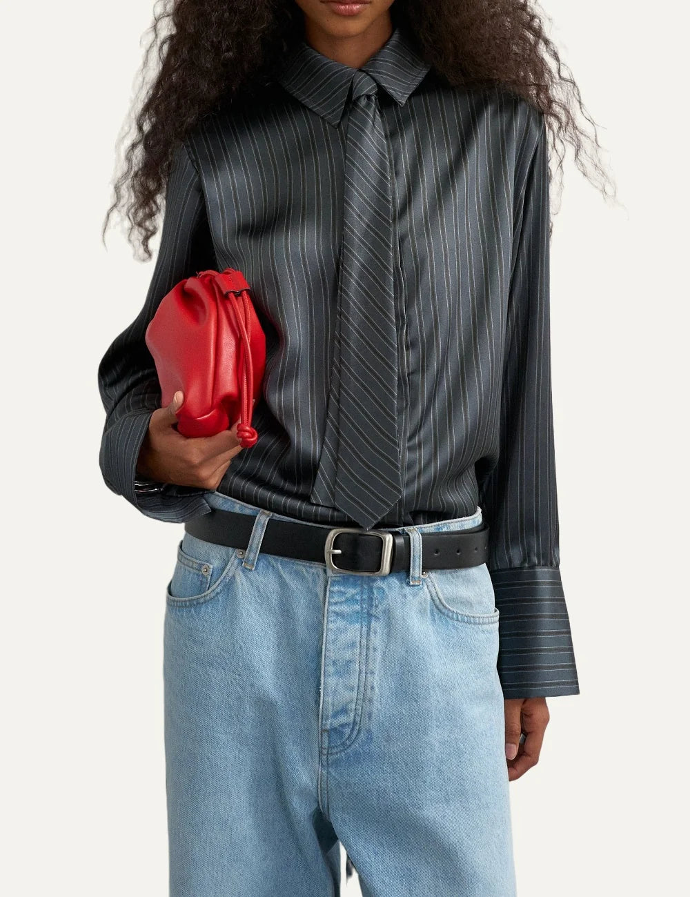 Topshop women's dark grey pinstripe satin shirt with matching tie, long sleeves and wide cuffs.