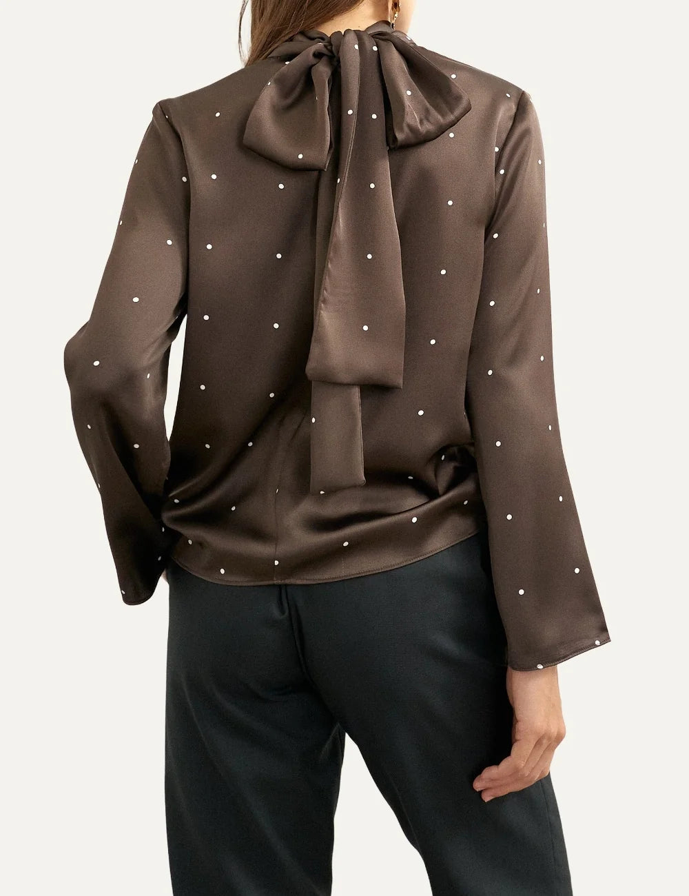 Topshop women's brown satin top with white polka dots, high scarf neckline and long bell sleeves back