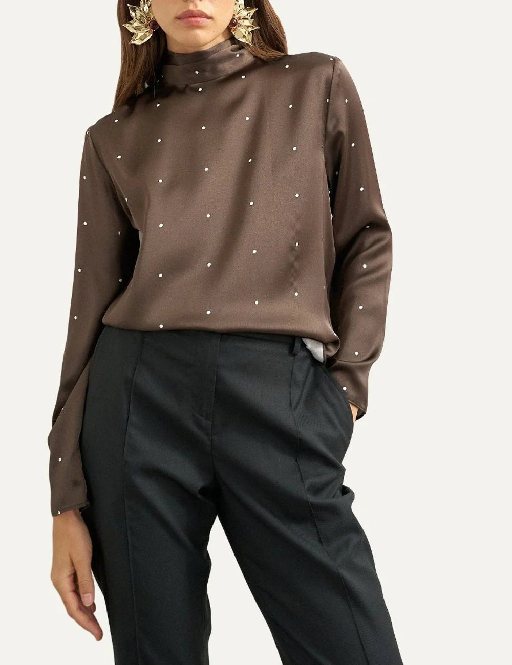 Topshop women's brown satin top with white polka dots, high scarf neckline and long bell sleeves.