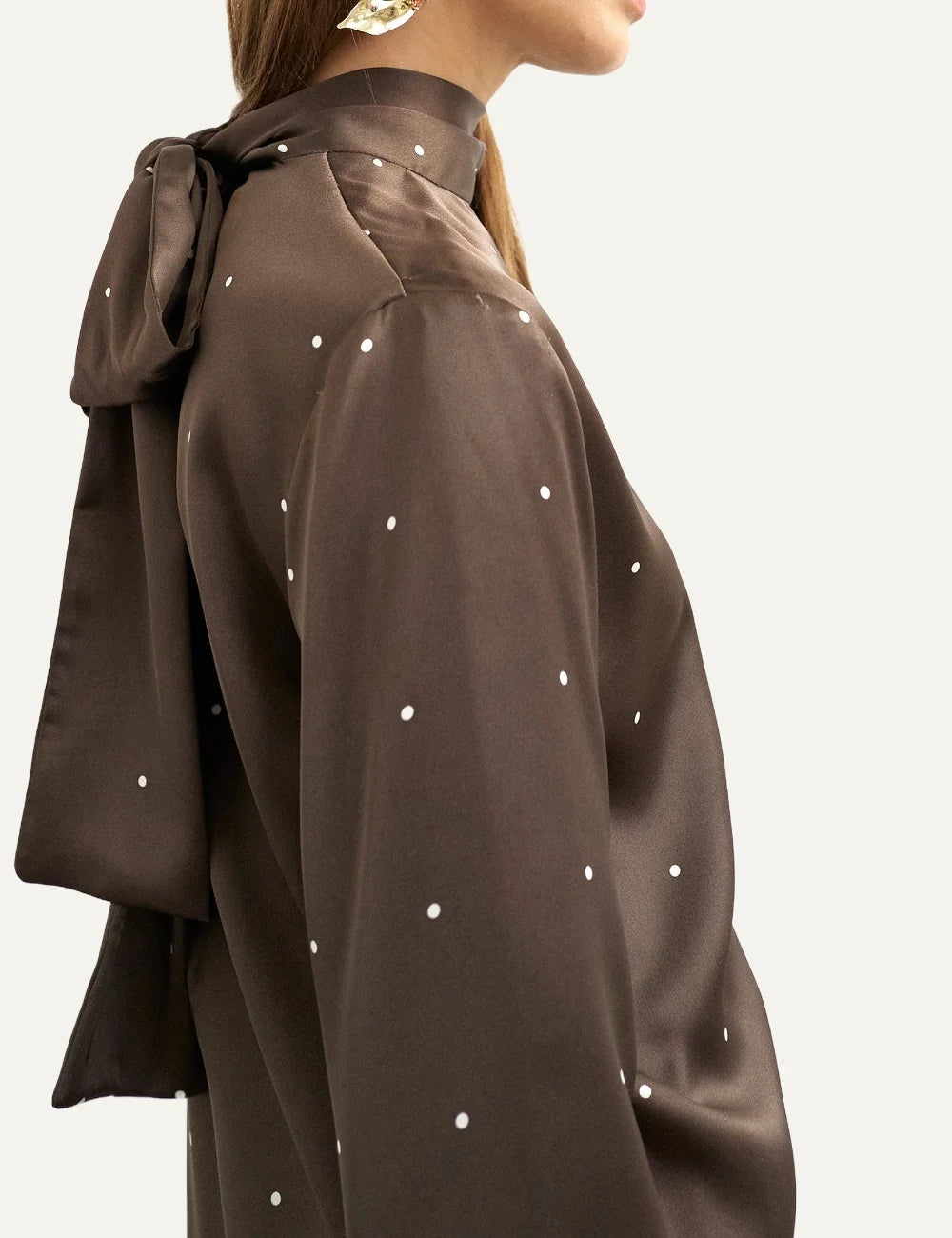 Topshop women's brown satin top with white polka dots, high scarf neckline and long bell sleevesside