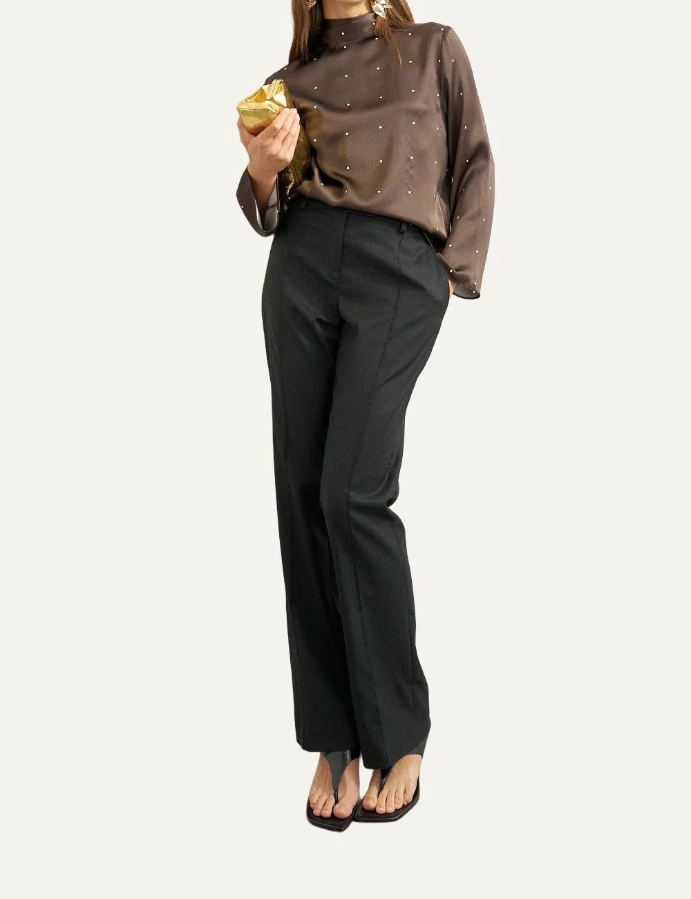 Topshop women's brown satin top with white polka dots, high scarf neckline and long bell sleeves full body
