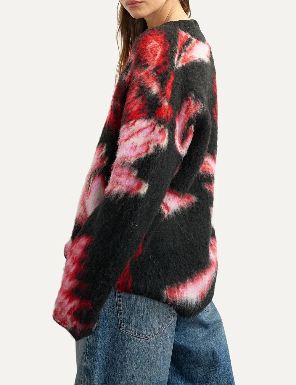 Topshop women's black fuzzy knit sweater with red and pink floral print, V-neck and long sleeves side