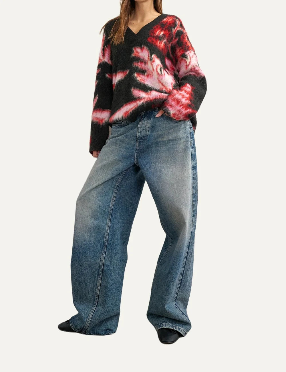 Topshop women's black fuzzy knit sweater with red and pink floral print, V-neck and long sleeves.