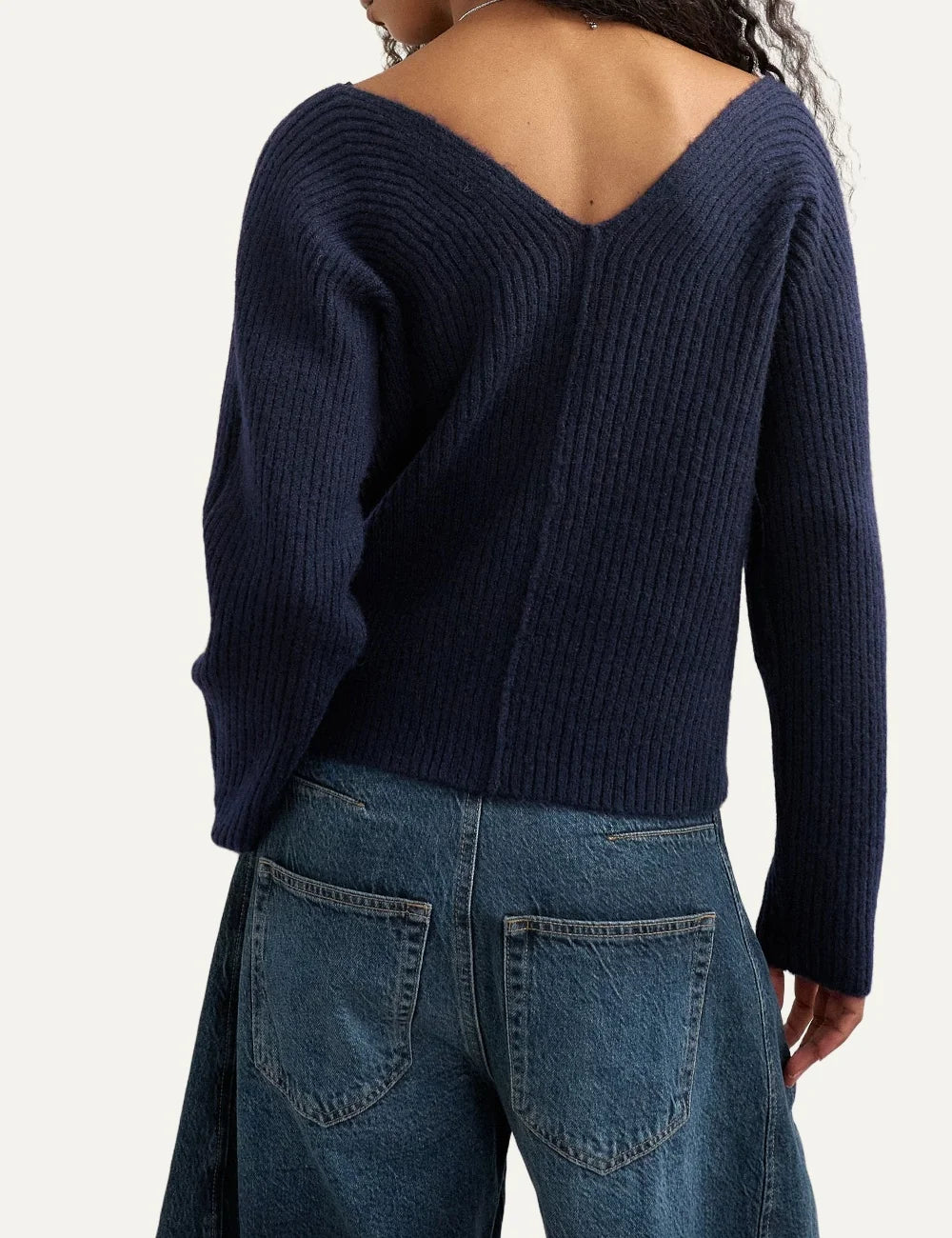 Topshop women's navy blue ribbed knit jumper with deep V-neck, dropped shoulders and long sleeves back